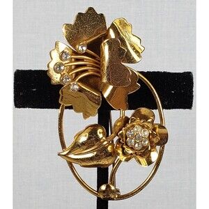 Vtg 1950's Sterling Crysal Rhinestone Vermeil Large Floral Artisan Retro Brooch